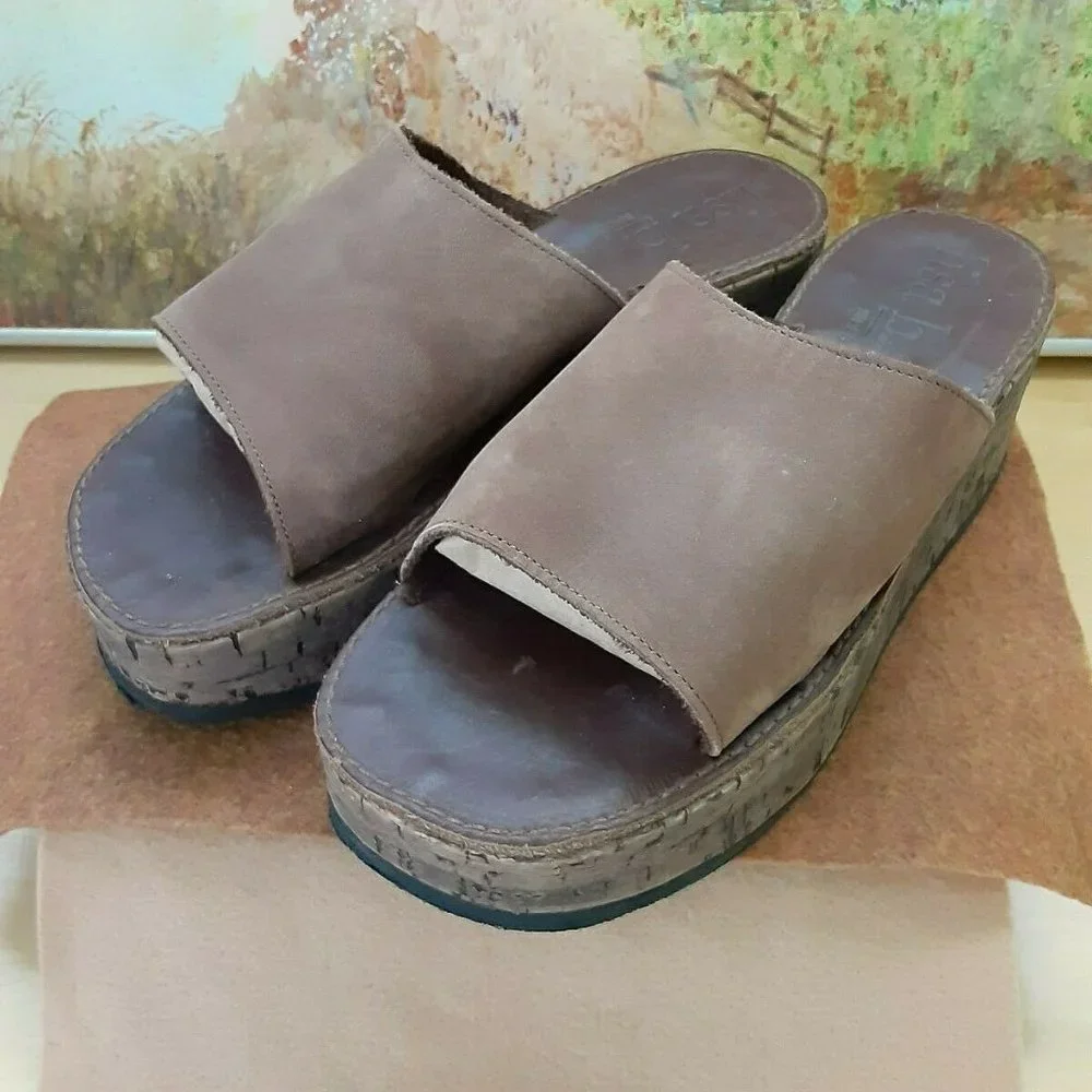 Slide Sandals Brown Suede Cork Platform Lisa B‎ EUC